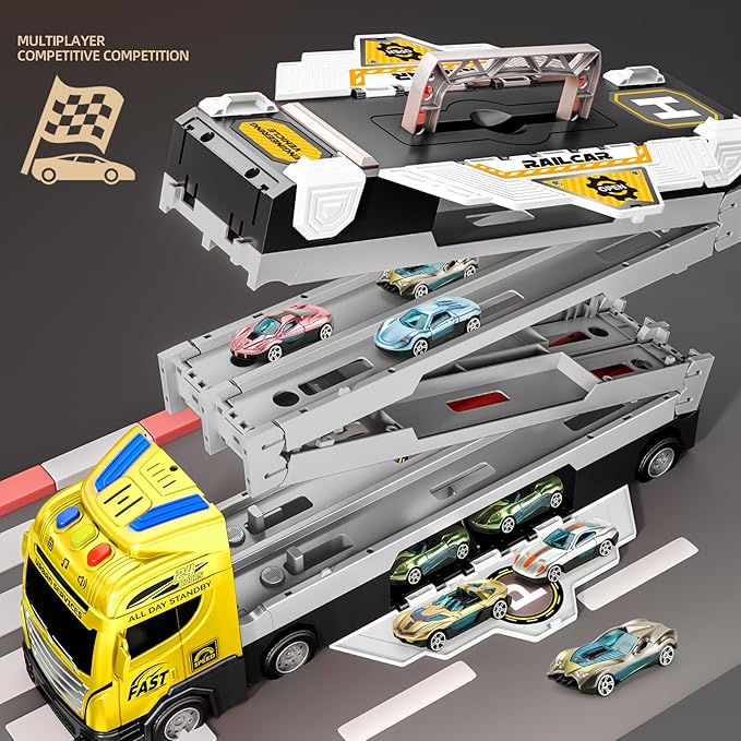 65-Inch Race Car Tracks and 20 Car Toys for Kids Boys Toddlers, Boy Toddler Toys Trucks for 3 4 5 6 7 8 Years Old Kids with Lights Sounds, Truck Toys Gift for 3 4 5 6 7 8 Years Old Boys Girls