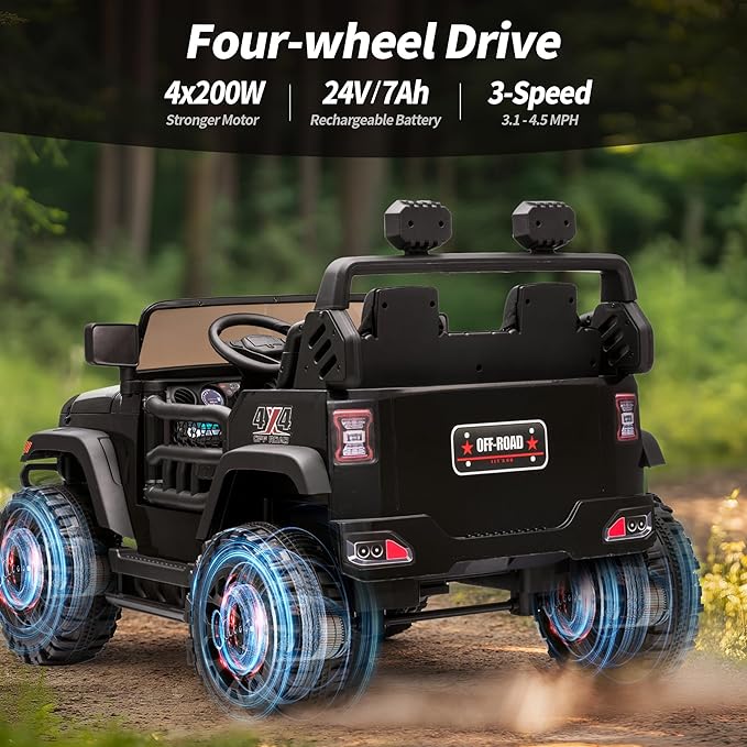 2 Seater Ride on Toy Car for Kids, 24V 4WD Ride-on Truck Kids Electric Car with Remote Control, 4x200W Motors - Black