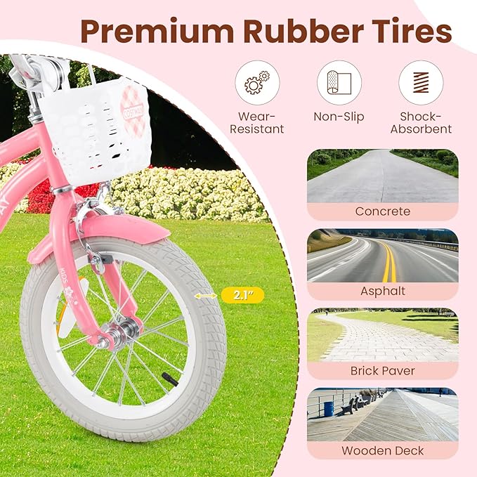 COSTWAY Kids Bike, 12 14 16 18 Inch Toddler Bike Children Bicycle w/Training Wheels, Hand & Coaster Brakes, Adjustable Saddle & Handlebar, Basket, Bell, Kids Bicycle for Girls Boys Aged 3-8 Years Old