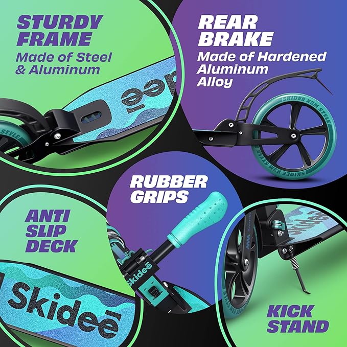 Skidee Adult & Teen Scooter Adjustable Height, Folding, Large Wheels, Lightweight, Durable, Anti-Shock Suspension, Up to 220 lbs