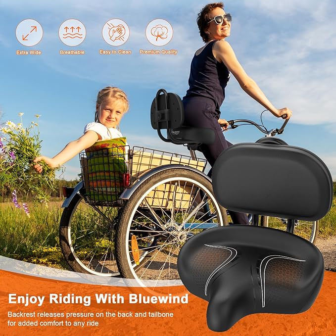 BLUEWIND Oversized Bike Seat, Wide Bicycle Saddle Novel Backrest Design for Electric Bike, Universal Fit Exercise Bike or Road Stationary Bike Seat Cushion for Men & Women