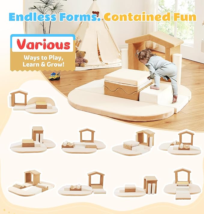 10-Piece Foam Climbing Blocks with Ramp & Stairs for Toddlers,Soft Play Gym Set,Foam Toddler Climbing Toys for Indoor Crawling,Sliding & Creative Play-Classic Color