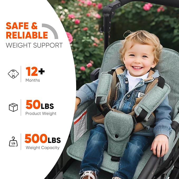 Sekey Wagon Stroller for 2 Kids, Luxury 4-in-1 Stroller Wagon - Premium Quality with Convertible Seats, Adjustable Push Handles, Removable Canopy, Snack Tray & Cooler, US Certified. Green