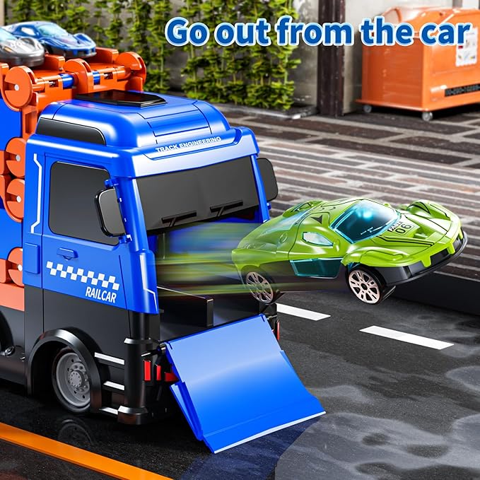 Cars Truck Set Transport Toy for Kids, Race Track Set with 12 Die-Cast Cars, Trucks Playset, 2-Tier Launching Tracks, Carrier Toy for Boys Girls Birthday Gifts for Boys Ages 1-3 2-4 3-5 4-7