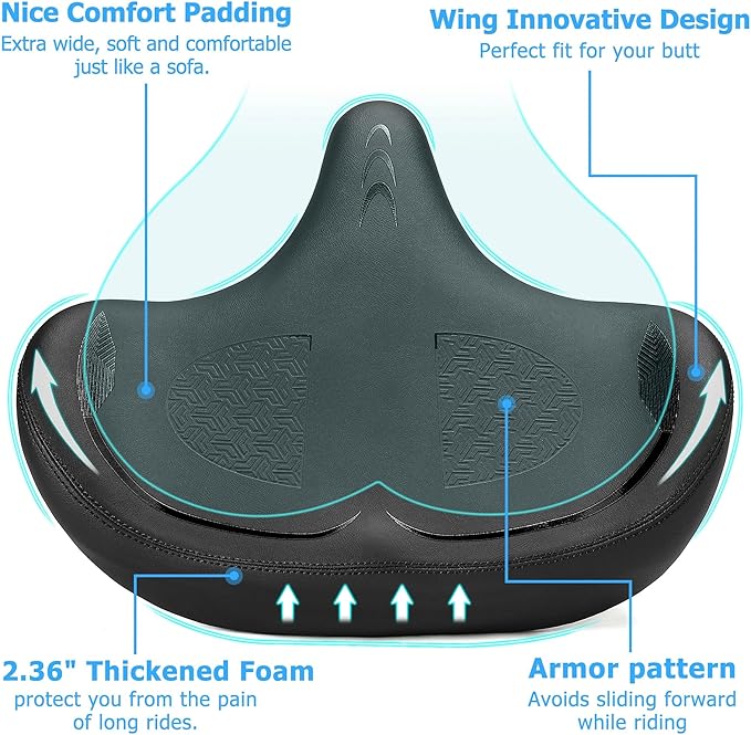 Oversized Bike Seat for Men & Women Comfort, Extra Wide Bicycle Seat Cushion, Comfortable Wing Padded, Large Replacement Saddle for Peloton, Stationary Exercise Bike, Ebike, Cruiser, City Bike