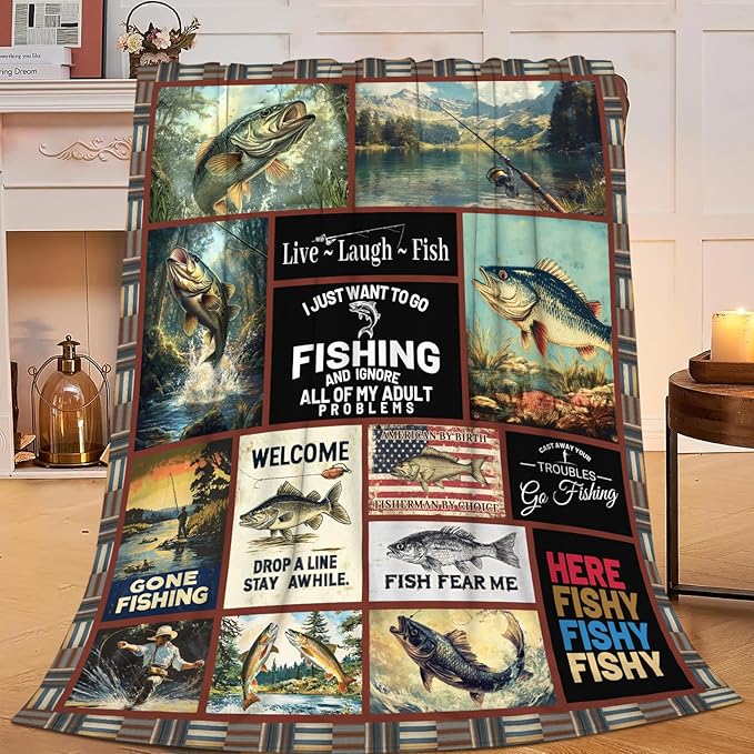 Fishing Gifts for Men, Fishing Fish Flannel Throw Blanket, Cozy Fleece Soft Stuff Blankets Gift for Dad Fisherman Couch Sofa Bed 80" x 60"