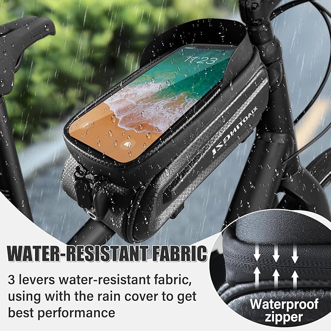 Bike and Bicycle Phone Front Frame Bag, Waterproof, Tube Bag, Cycling Pouch, Bike Accessories for Men Compatible Under 7 Inch and Below Phones