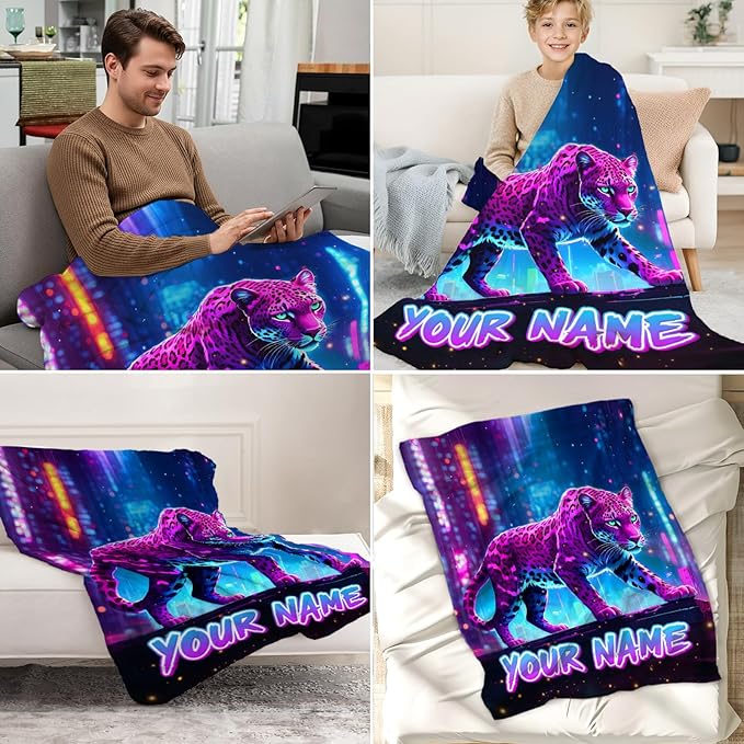 Custom Leopard Blanket for Boys - Adult Fluffy Cheetah Blankets Gifts - Cozy Teens Throws for Sofa, Bed
