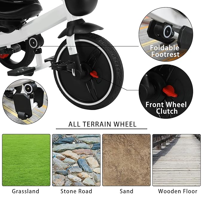 Baby Tricycle,6-in-1 Baby Push Bike Steer Stroller,Learning Toddler Bike/Detachable Guardrail,Adjustable Canopy,Safety Harness,Folding Pedal,Storage Basket,Brake,Shock Absorption