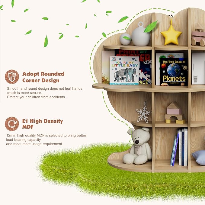 Natural Wood Tree Kids Bookshelf Toddler Bookcase 4-Tier Baby Book Rack Children Toy Storage Organizer Forest Wood Display Shelf Nursery Playroom Bedroom Classroom School Homeschooling Boy Girl’s Gift