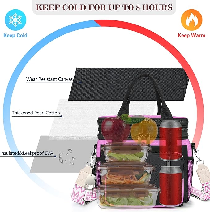 LOKASS Lunch Box & Lunch Bag for Women Men Double Deck, Large Insulated Adult Lunch Box Leakproof Lunchbox Cooler Bag for Work Picnic Beach,（Pink&Black 16L）