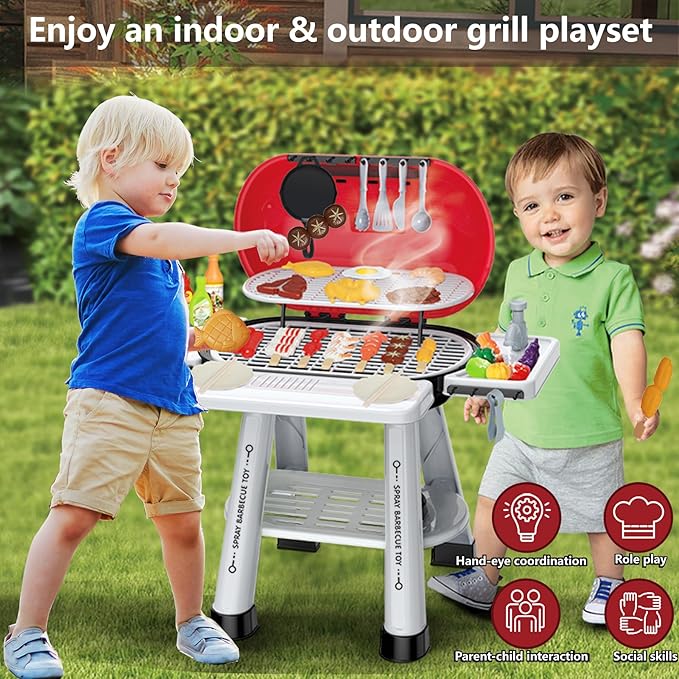 Kitchen Toy Set, Kids Grill Playset with Play Sink, Indoor Outdoor Interactive BBQ Grill Play with Smoke, Sound & Light, Pretend Cutting Food for Toddlers, Christmas Birthday Gift for Boys and Girls
