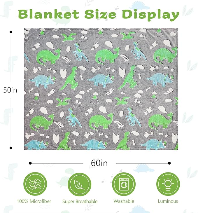 QSTEHEML Dinosaur Glow in The Dark Blanket,Dinosaur Gifts for Boys Age 3 4 5 6 7 8 9 10 11 12 Year Old, Soft Throw Blanket for Kids - Christmas Birthday Bedroom Decor 50"×60"