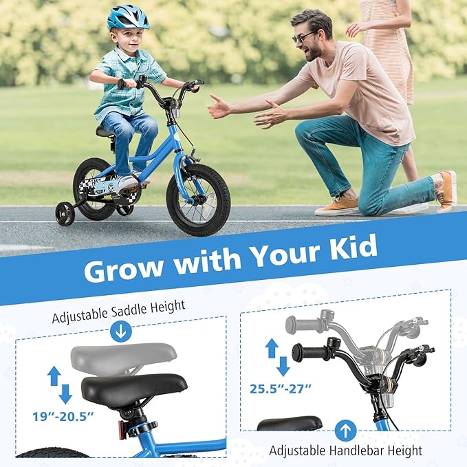 BABY JOY Kids Bike, 12 14 16 18 Inches Car Pattern Sporty Bicycle w/Removable Training Wheels, Hand & Coaster Brakes, Adjustable Seat & Handlebar, Girls Boys Bike