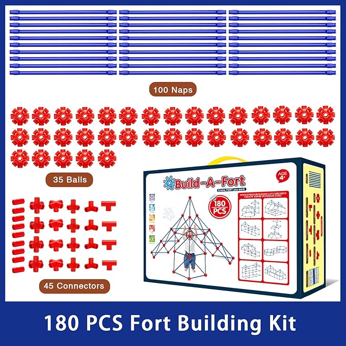 V-Opitos 180 Pack Fort Building Kits for Kids Age 4, 5, 6, 7, 8+ Years Old, Creative STEM Building Toys for DIY Castles, Tunnels, Play Tent, Ideal Christmas, Birthday Gifts for Boys & Girls