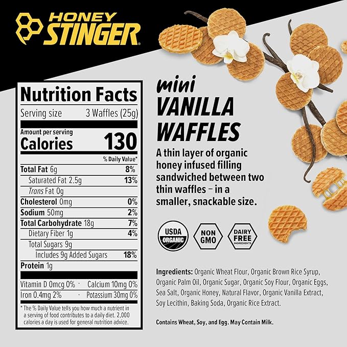 Honey Stinger Organic Mini Vanilla Waffles, Energy Stroopwafel for Exercise, Endurance and Performance, Sports Nutrition for Home & Gym, Pre and Post Workout, 5 Bags, 26.5 Ounce