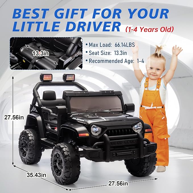 Ride on Truck Car, 12V Kids' Electric Vehicles W/Parents Control, Ride on Toys for Toddlers with Music, Bluetooth, Four-Wheels Suspension, USB, Headlights, Black