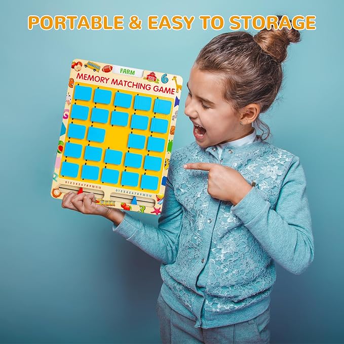 Matching Memory Game for Kids Age 3 4 5 6 7 8 Year Old, Travel Toy for Boys Girls, Wooden Board Game, Road Trip Essentials for Toddler, Airplane/Car/Camping Activity, Ideal Christmas, Birthday Gifts