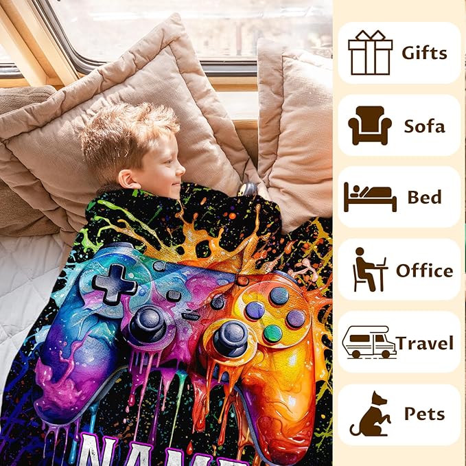 Personalized Name Gamer Throw Blankets - 80x60 Inches Twin Size Blanket for Adults, Boys, Men - Soft Lightweight Game Throws for Bed, Living Room Decor - Computer Gamer Gifts for Gaming Lovers