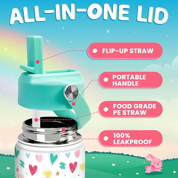 Kids Water Bottle with Straw Lid - Insulated 12 Oz Stainless Steel Water Bottles for Girls - Heart Water Bottle Travel Cup for School Sports