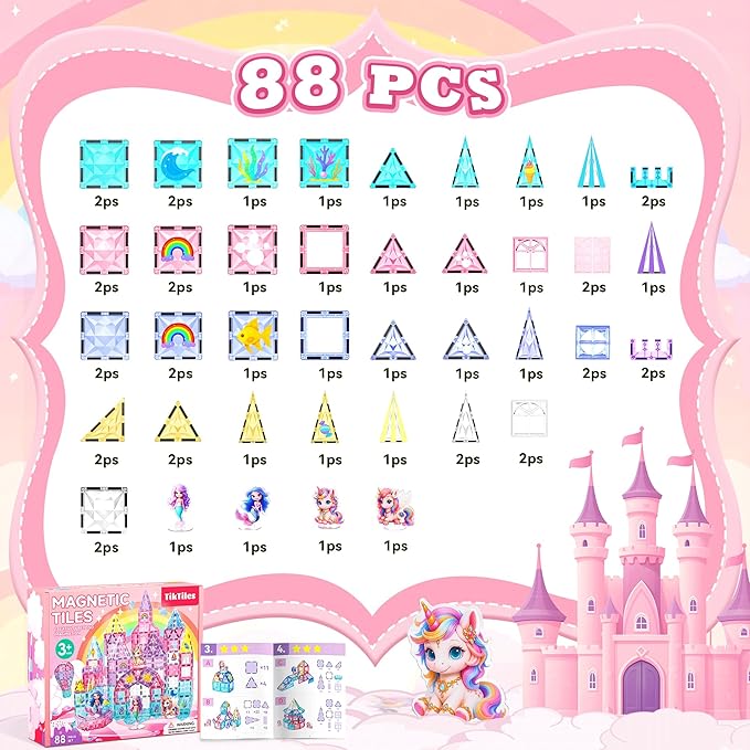 Magnetic Tiles Unicorn Building Toys Set with 4 Dolls, Princess Magnetic Blocks for Kids Ages 3-5 4-8, STEM Educational Sensory Magnet Toys Birthday Gifts for Toddlers Girls Boys