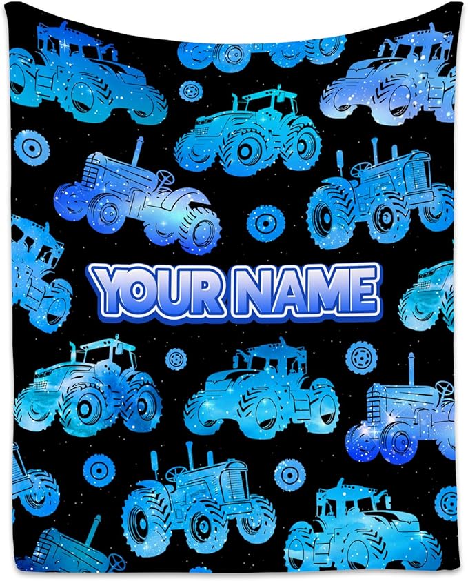 Personalized Kids Tractor Blanket with Name, 5-7 Throw Blanket, Car Lovers Boys Throw Blanket for Couch Office (Blue, 40x50 Inch)