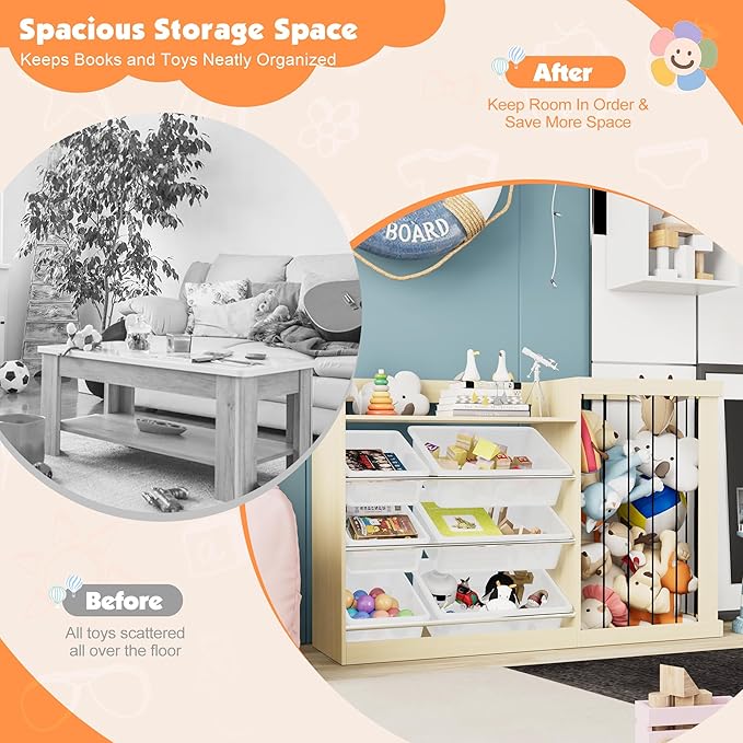 Naches Kids Toy Organizer and 4-Tier Montessori Bookshelf with 6 Bins, 3-in-1 Toy Shelves and Stuffed Animal Storage for Playroom, Nursery, Baby Room (Burlywood)