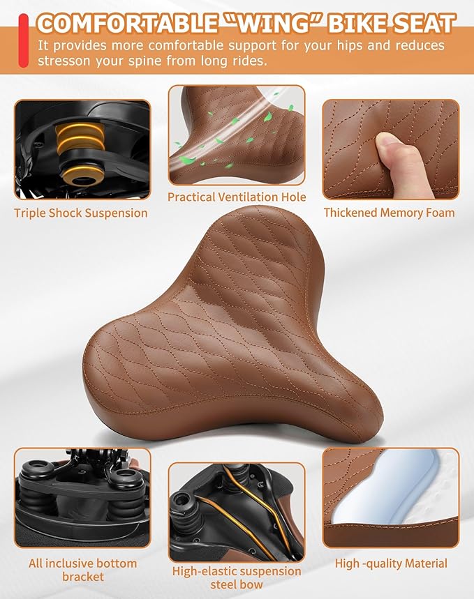 Wide Bicycle Seats for Comfort Men & Women, Oversized & Extra Soft Padded Bike Seat Cushion, Comfortable Large Bike Saddle for Ebike, Mountain Bike, Beach Cruiser, Stationary Exercise Bike