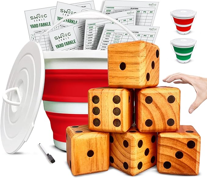 SWOOC Games - Yardzee, Farkle & 20+ Games - Classic Red Shaker Edition (All Weather) - Yard Dice Game Set with Red Collapsible Bucket, Lid, 5 Big Laminated Score Cards & Marker - Outdoor Yard Game