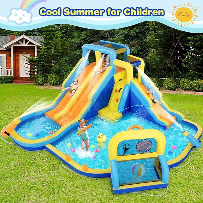 JOYLDIAS Inflatable Water Slide,Water Park Bounce House,Three Slide Bouncer Castle Playhouse w/Splash Pool, Climbing Wall, Felt Ball Target, Ring Toss Game, Goal for Kids Outdoor Fun, 680W Air Blower