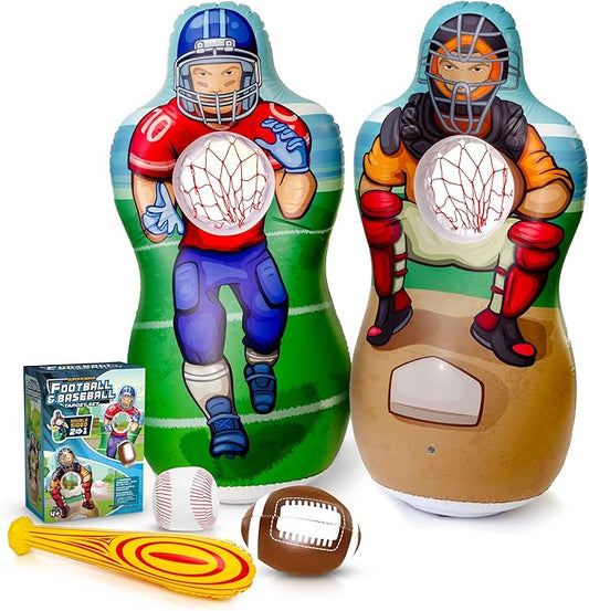 Super Pumped! Inflatable Double-Sided Baseball & Football Target Set - Blow Up Toy with Soft Football, Baseball & Inflatable Bat - Fun Toss Games for Indoor, Outdoor, Backyard & Party Favor - 5 Feet