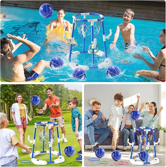 Swimming Pool Basketball Hoop Toy for Kids 2 3 4 5 6 Years Old - Floating Pool Basketball Game Toys with 4 Balls Air-Pump, Outdoor Play, Poolside Summer Water for Boys Girls Age 4-8-12(Blue)