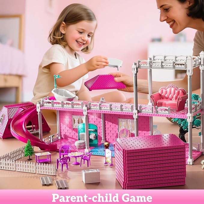 Villa Playset for Girls Ages 3-7, Indoor Playset Girls Toys with 3 Storeys 7 Rooms 2 Dolls for Ages 6-8, Furniture and Accessories, Pretend Toddler Toy, Birthday Gifts for Kids 3 4 5 6 7 8
