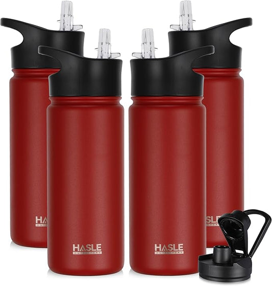 HASLE OUTFITTERS Insulated Water Bottle 16 oz Double Wall Vacuum Stainless Steel Water Bottle Leak Proof for School Wide Mouth with Straw Lid & Spout Lid Keeps Cold and Hot(Red,4pack)