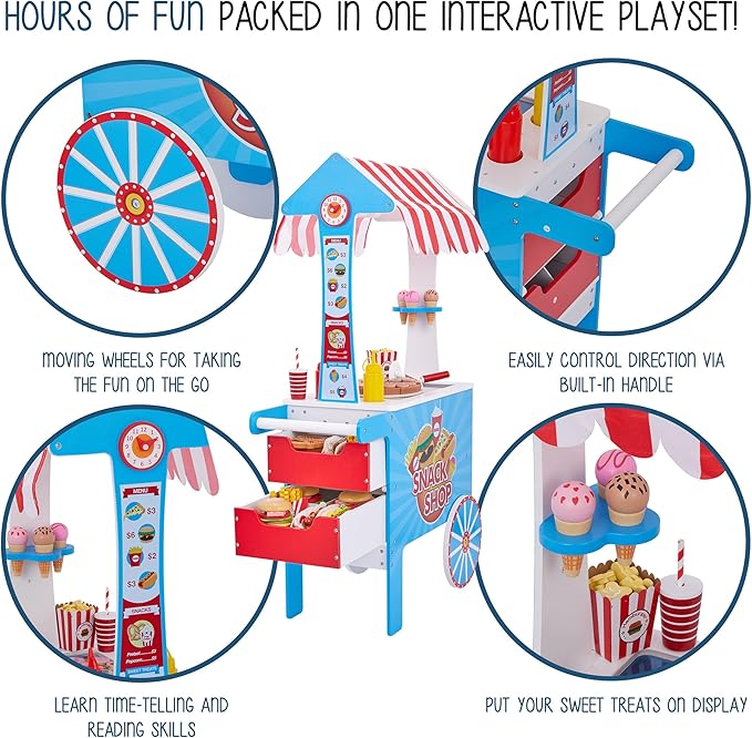 Lil’ Jumbl Wooden Snack Shop Playset | Kids Play Pretend Hot Dog Stand Push Cart w/ 125+ Burger, Fries, Pizza & Ice Cream Toy Accessories, Food Displays, Awning, Freezer, Storage Drawers & Menus