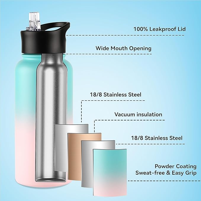 VEGOND 32 oz Insulated Water Bottle Bulk Stainless Steel Metal Water Bottles with Leak Proof Straw Lid & Spout Lid, Wide Mouth Double Walled Vacuum Travel Sports Bottle, 8 Pack