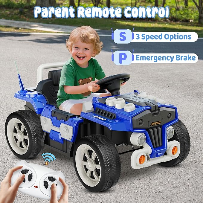ANPABO 12V Ride On Truck Car with Remote Control, Kids Electric Car with Bluetooth Music, Horn, 3 Speeds, LED Lights, Soft Start, Ride on Toys for Toddler Boys & Girls, Blue