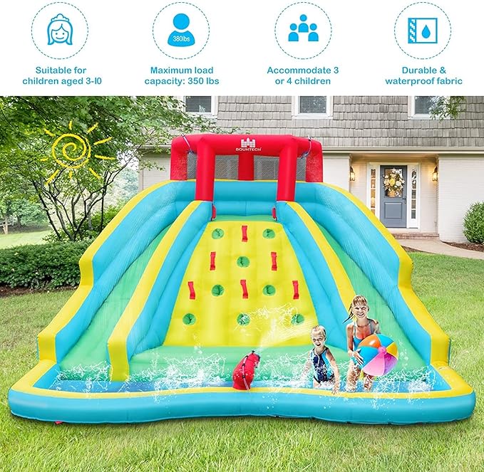 BOUNTECH Inflatable Water Slide Park, 15x12FT Double Slides Kids Mega Waterslide for Outdoor Racing Fun, Heavy Climbing Wall, Blower, Blow up Water Slides Inflatables for Big Kids Backyard Party Gifts