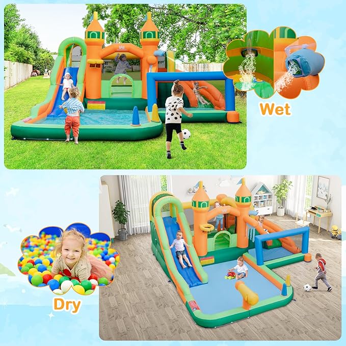 BOUNTECH Inflatable Water Slide, 9 in 1 Dual Slides Kids Water Park Jump Castle Water Soccer, Splash Pool, Water Slides Inflatables for Outdoor, Backyard Water Slide Bounce House with GFCI Blower