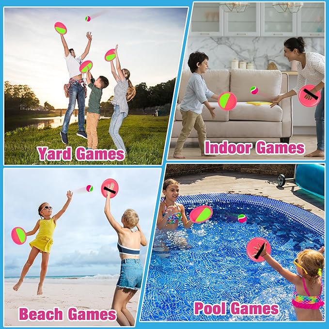 Kids Outdoor Toys - Toss and Catch Game Set, Outside Yard Camping Beach Pool Toys Games for Boys Girls 3 4 5 6 7 8 9 10 Year Old, 4 Paddles 4 Balls (Pink+Pink)