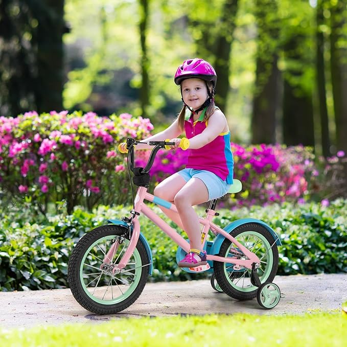 BABY JOY Colorful Macarons Kids Bike, 12 14 16 18 Inch Sporty Children's Bicycle with Training Wheels, Adjustable Handlebar & Saddle, Handbrake & Coaster Brake, Boys Girls Bike for 3-8 Years Old