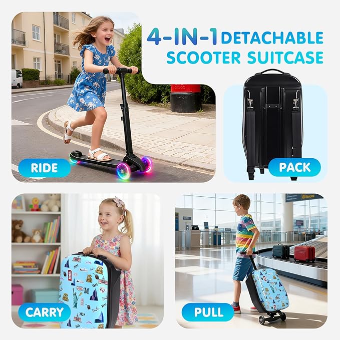 smilesun 4-in-1 Detachable Scooter Luggage for Kids & Teens, Foldable Hardside Ride On Suitcase with Wheels, Stylish and Safe Design(Blue)