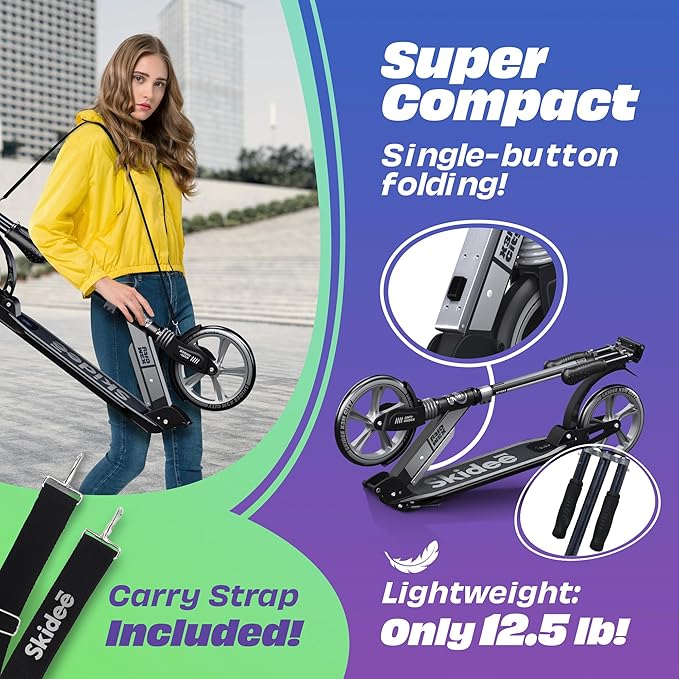 Skidee Adult & Teen Scooter Adjustable Height, Folding, Large Wheels, Lightweight, Durable, Anti-Shock Suspension, Up to 220 lbs