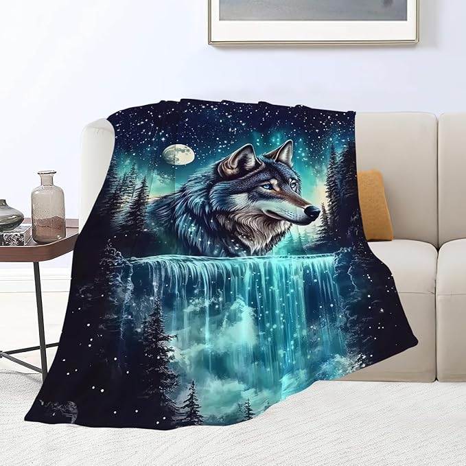 Wolf Blanket Wolves Lover Throw Blankets Waterfall Gifts for Girls Boys Kids Soft Cozy Fleece Plush for Couch Sofa Bed 60"x50"