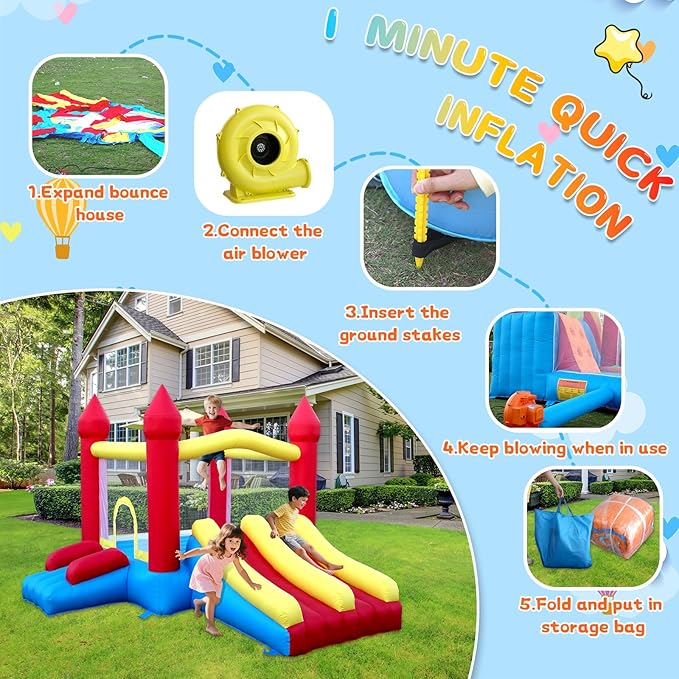 Dual Slide Bounce House, Inflatable Bouncy Castle with Blower, 5in1 Indoor Outdoor Children's Bouncer Jumper Playhouse w/Basketball Rim and Carry Bag, for Kids 3-12 (12‘D x 10’W x 6.7‘H)