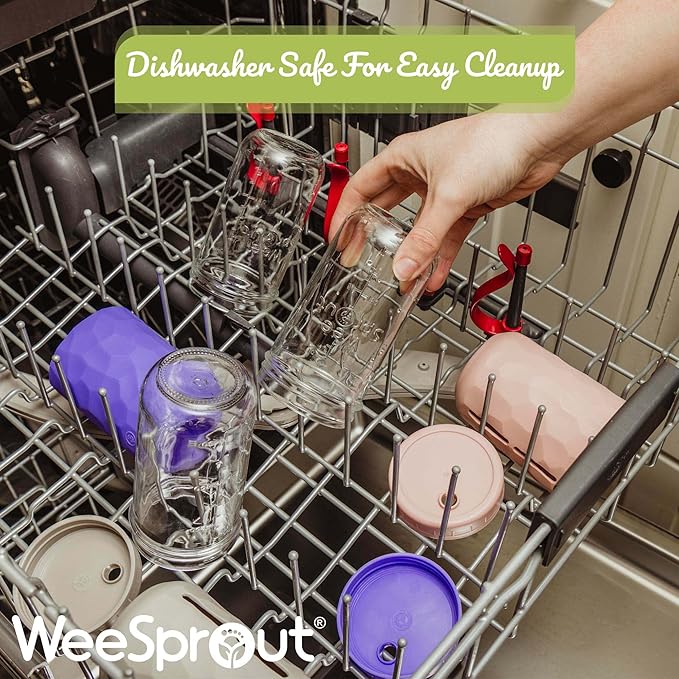 WeeSprout Glass Cups With Lids & Straws, Spill-Resistant Smoothie Jars for Toddlers & Kids, Baby Food Storage & Snack Containers, XL Silicone Straw, Easy-grip Sleeves, Set of Four, Dishwasher Safe