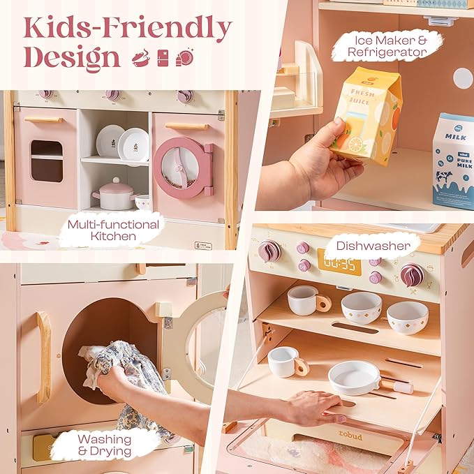 ROBUD Wooden Play Kitchen, Kids Kitchen Playset, Toy Kitchen Set with Fridge, Washing Machine, Dishwasher Toddlers Kitchen Playset Gift for Boys & Girls, Age 3+ (Pink)