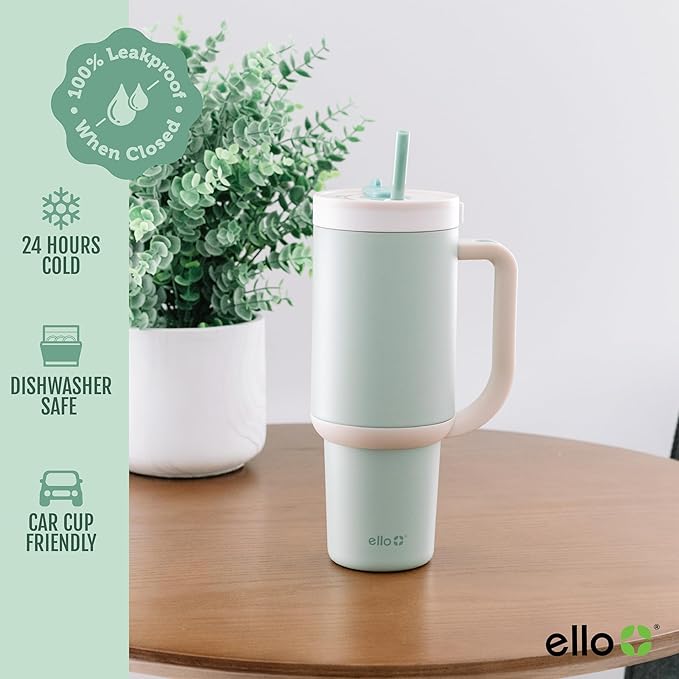 Ello Oasis 24 oz Tumbler with Handle & Retracting Straw | Reusable Insulated Stainless Steel Cup 100% Leakproof, Gifts for Teens Women Men | Keeps cold for 24 Hours, Cup Holder Friendly, Pistachio