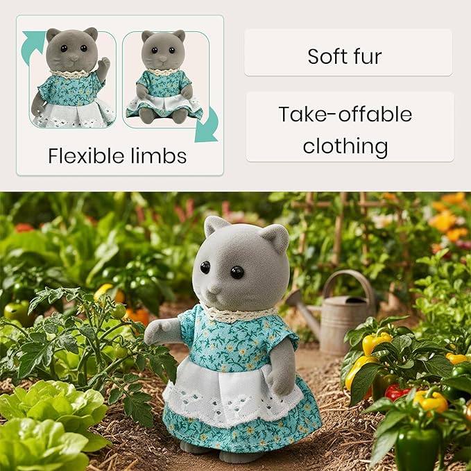 Family Gray Cat Figures — Set of 3 Collectible Flocked Mini Dolls with Removable Clothes, Miniature Dollhouse Pretend Play Figures for Kids Ages 3+