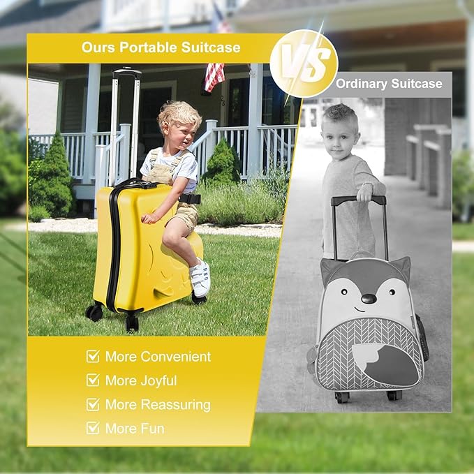 20 Inch Ride On Kids Suitcase with Wheels, Ride on Luggage with Pedal, Hardshell Kids Suitcase Adjustable Safe Harness, ABS+PC, Up To 100 Lbs, Yellow